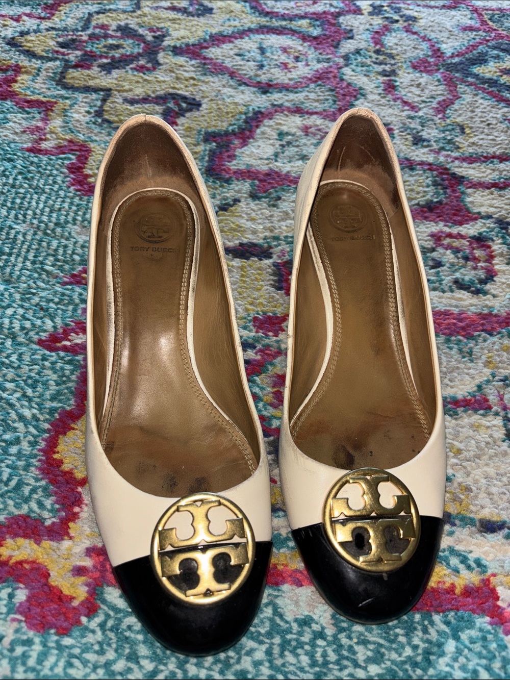 Tory Burch Two-Tone Cream and Black Logo Cap-Toe block heels